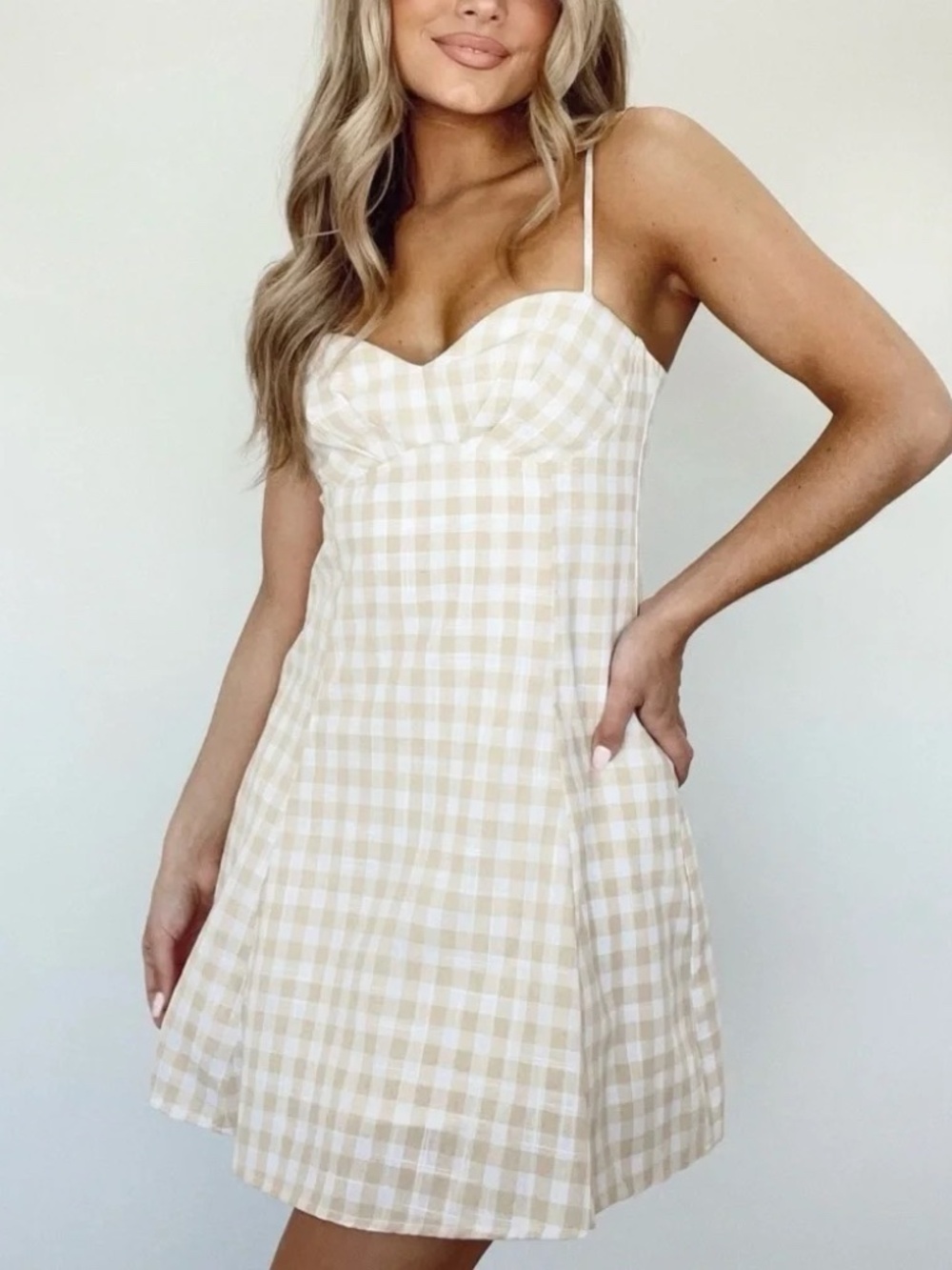 New Promesa Gingham Sundress in Champagne Mini Flare Dress Size Medium NWT - Picture 5 of 6